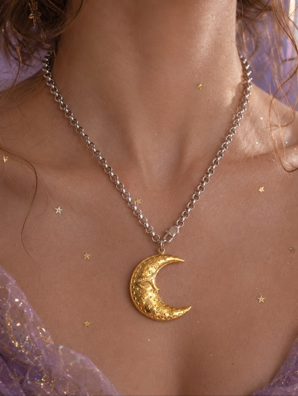 Crescent Moon Pendant Necklace 18K Gold Silver SS Two-Tone Celestial Witchy 18"